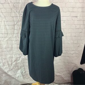 LOFT navy green Plaid ruffle puff bell Sleeve shift Dress sz 16 classic winter